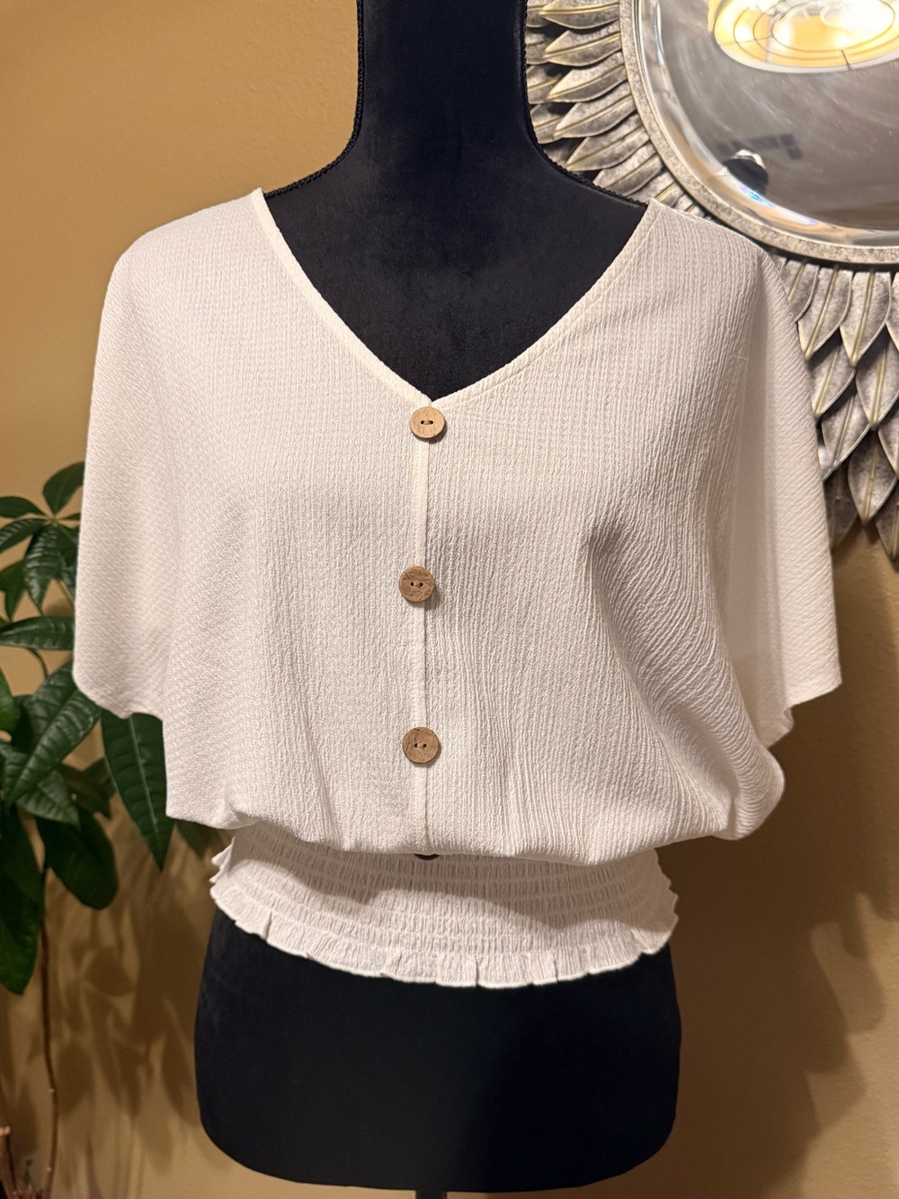 White Smocked Top with Button Detail